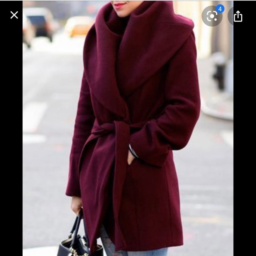 Burgundy shawl collar coat. T Tahari